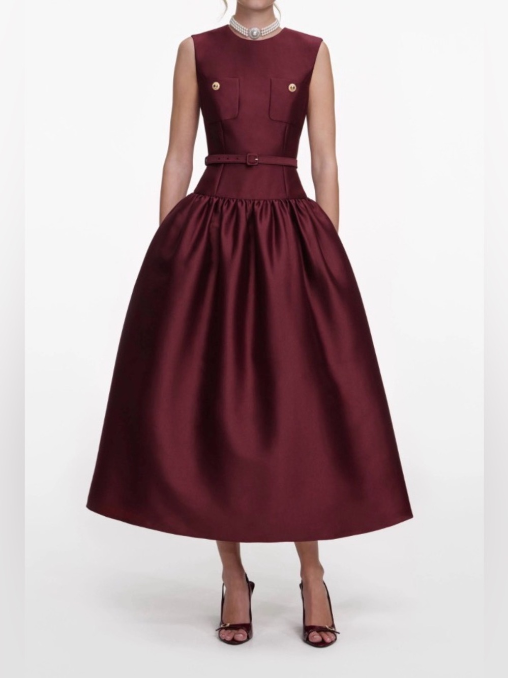Self-Portrait Burgundy Taffeta Midi Dress